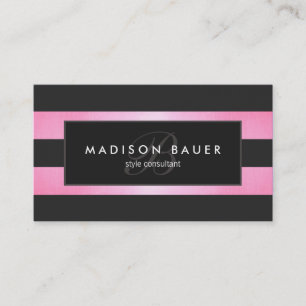 Eleganter Monogram Streifen Schwarz/Rosa Salon Visitenkarte