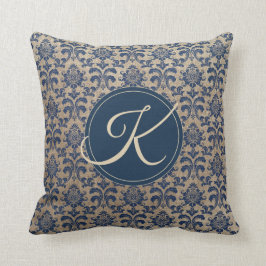 Eleganter Monogram Tan und Blue Damask Kissen