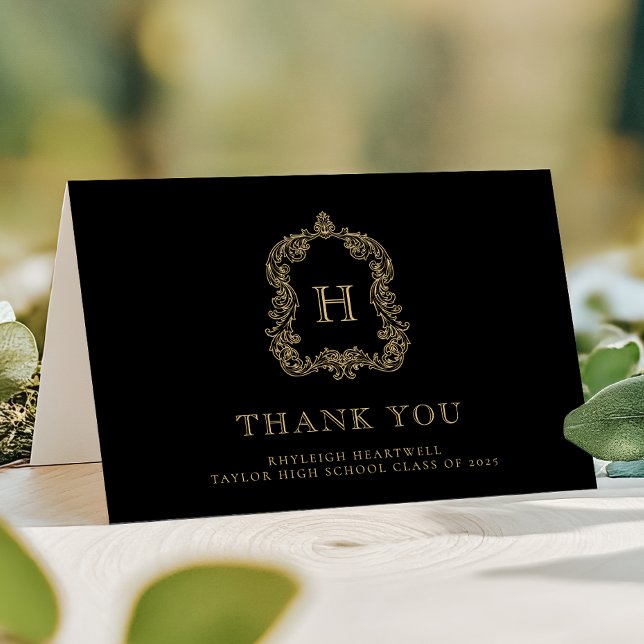 Eleganter Monogram Wappen Black Gold Abschluss Dankeskarte (Von Creator hochgeladen)