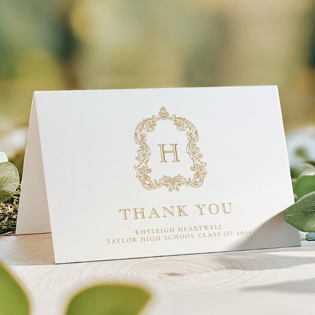 Eleganter Monogram Wappen White Gold Abschluss Dankeskarte (Von Creator hochgeladen)