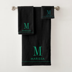 Eleganter Monogramm Aquamariner Name Schwarz Badhandtuch Set