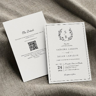 Eleganter Monogramm Botanischer Kranz QR-Code Hoch Einladung