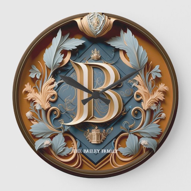 Eleganter Monogramm-Brief B Royal Familienname Große Wanduhr (Vorderseite)