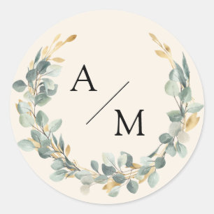 Eleganter, Monogramm, Eukalyptus-Kranz  Runder Aufkleber