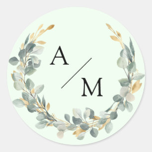 Eleganter, Monogramm, Eukalyptus-Kranz  Runder Aufkleber