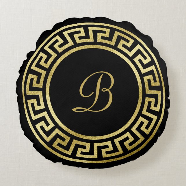 Eleganter Monogramm-GoldGlitzer-griechisches Rundes Kissen (Vorderseite)