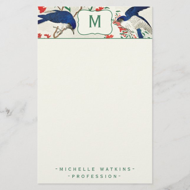 Eleganter Monogramm-Japanischer Holzblock-Bird Briefpapier (Vorderseite)