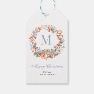 Eleganter Monogramm-Kranz Dusty Blue Weihnachten Geschenkanhänger
