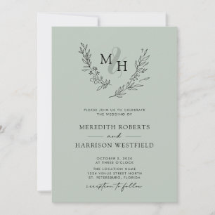 Eleganter Monogramm-Kranz Sage Hochzeit Einladung