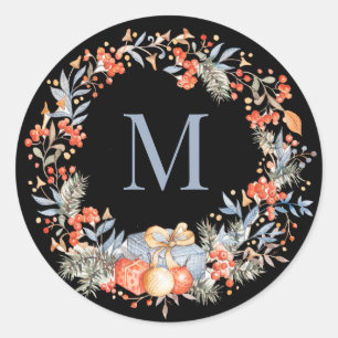 Eleganter Monogramm-Kranz Staubblau Modern Runder Aufkleber