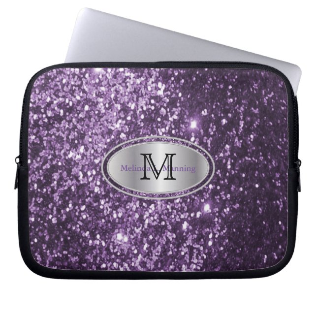 Eleganter Monogramm Lila Glitzer und Silber Laptopschutzhülle (Vorderseite)
