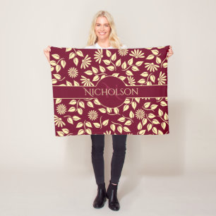 Eleganter Monogramm-Name Blatt-Daisy-Muster Burgun Fleecedecke