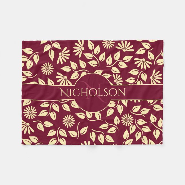 Eleganter Monogramm Name Leaf Daisy Muster Burgund Fleecedecke (Vorderseite (Horizontal))
