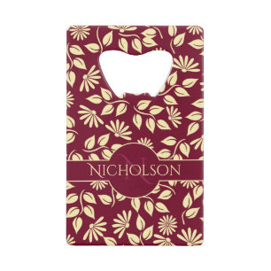 Eleganter Monogramm Name Leaf Daisy Muster Burgund Geldbeutel Flaschenöffner