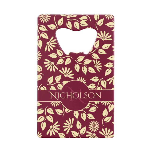 Eleganter Monogramm Name Leaf Daisy Muster Burgund Geldbeutel Flaschenöffner (Vorderseite)