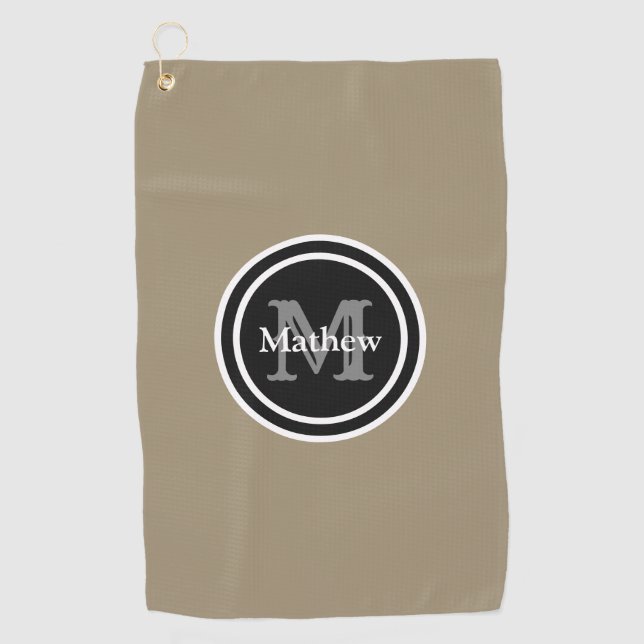 Eleganter Monogramm-Namen-Männer Browns schwarzer Golfhandtuch (Vorderseite)