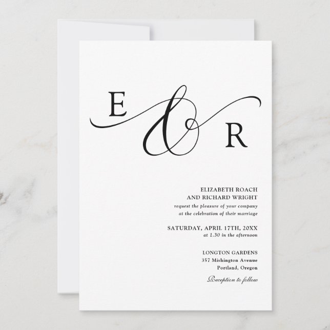 Eleganter Monogramm-QR-Code Schwarz-Weiß-Hochzeit Einladung (Vorderseite)