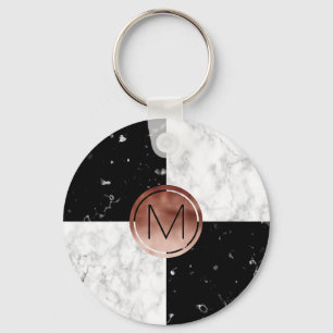 Eleganter monogramm Rose Gold Schwarz-weißer Marm Schlüsselanhänger