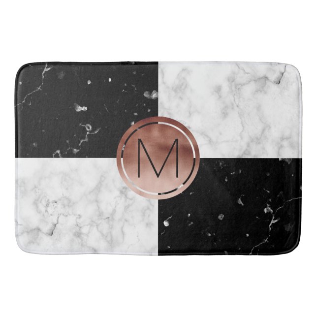 Eleganter monogramm Rose Gold Schwarz-weißer Marmo Badematte (Vorderseite)