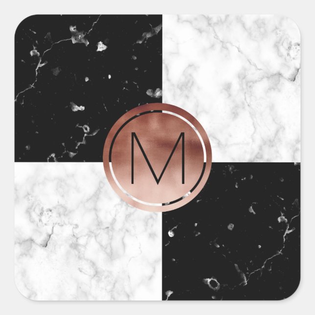 Eleganter monogramm Rose Gold Schwarz-weißer Marmo Quadratischer Aufkleber (Vorderseite)
