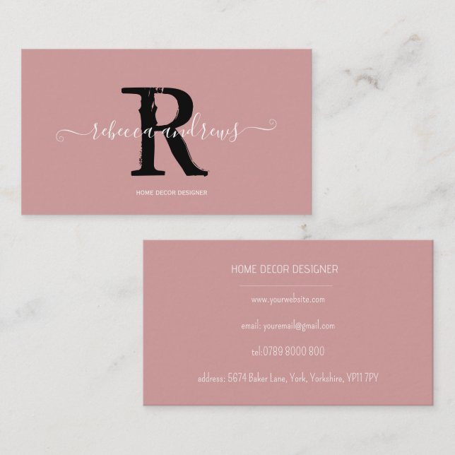 Eleganter Monogramm-Skriptname Initial Dusty Pink Visitenkarte (Vorne/Hinten)