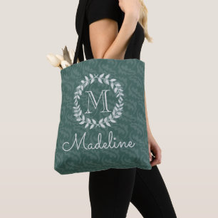 Eleganter, monogrammgekrönter Kranz in Teal & Sage Tasche