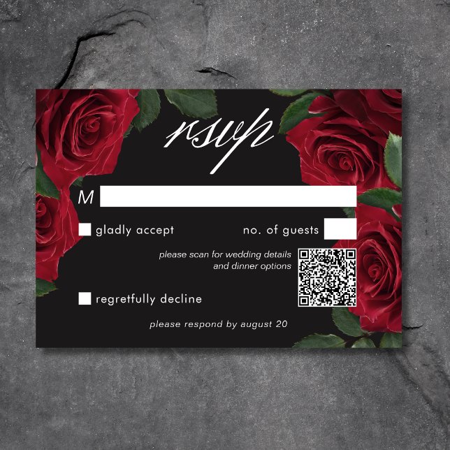 Eleganter Moody Blood Rote Rosen QR-Code RSVP Karte (Elegant Moody Blood Red Roses Floral QR Code RSVP Card)