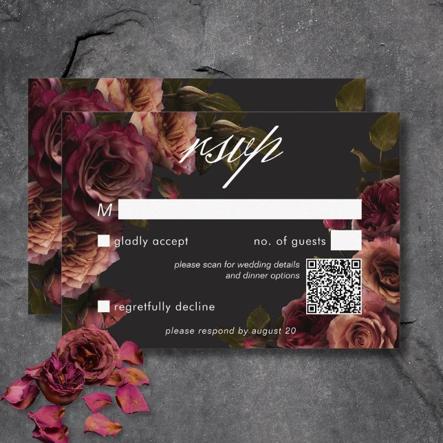 Eleganter Moody Mutes Rost & Burgund Floral QR Cod RSVP Karte (Elegant Moody Muted Rust & Burgundy Floral QR Code RSVP Card)