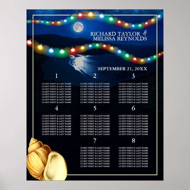 Eleganter Moonlit Beach Hochzeitsplan Poster (Vorne)