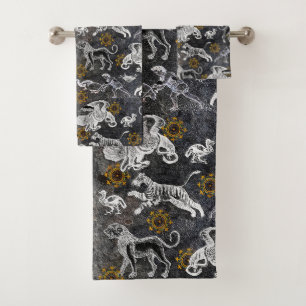Eleganter Mosaik Schwarz-weiß Gold Tiger Lion Eag Badhandtuch Set