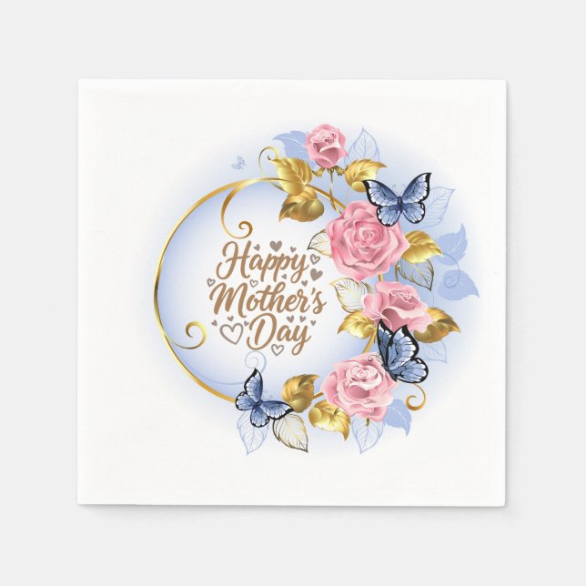 Eleganter Muttertag I Rosa Rose & Blauer Schmetter Serviette (Vorderseite)