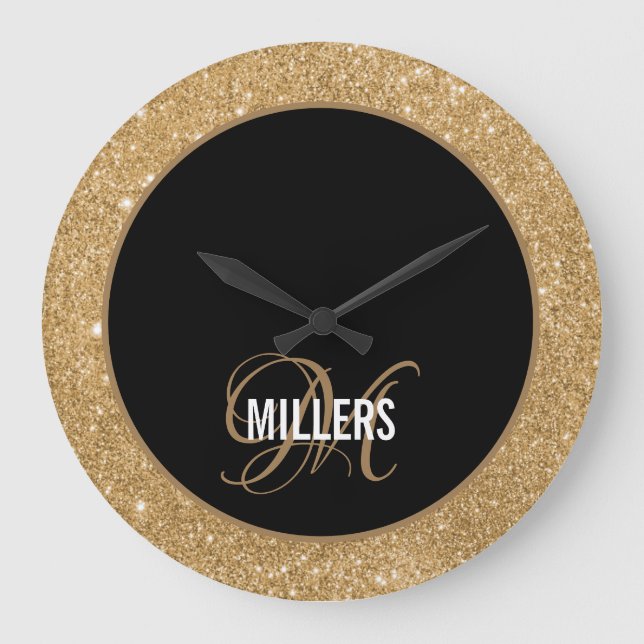 Eleganter Name aus schwarzem Glitzer Monogramm Große Wanduhr (Vorderseite)