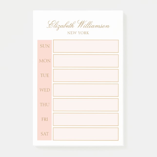 Eleganter Name Blush Pink Gold White Weekly Planne Post-it Klebezettel (Vorderseite)