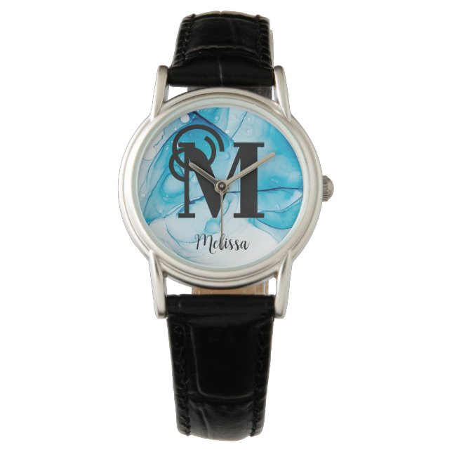 Eleganter Name des blauen Marmormonogramms Armbanduhr (Vorderseite)