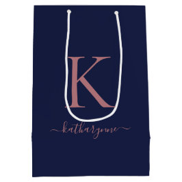 Eleganter Name des Blue Pink Rose Gold Monogrammes Mittlere Geschenktüte