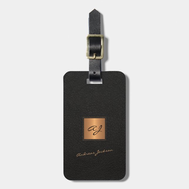 Eleganter Name des mit Monogramm, schwarzen Golds Gepäckanhänger (Vorderseite vertikal)