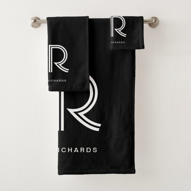 Eleganter Name des Schwarz-weißen Monogramms Badhandtuch Set (Insitu)
