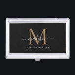 Eleganter Name für das Schwarze Gold Monogram, Gir Visitenkarten Dose<br><div class="desc">Elegante Black Gold Monogram Girly Script Name Business Card Fall</div>