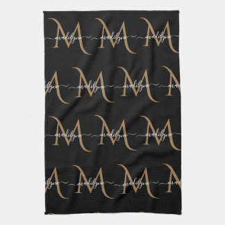 Eleganter Name für Schwarz-Gold Monogram-Skripte Geschirrtuch
