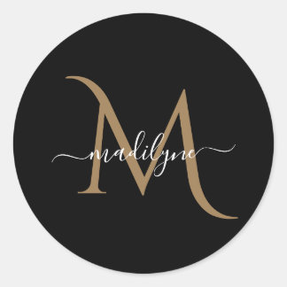 Eleganter Name für Schwarz-Gold Monogram-Skripte Runder Aufkleber