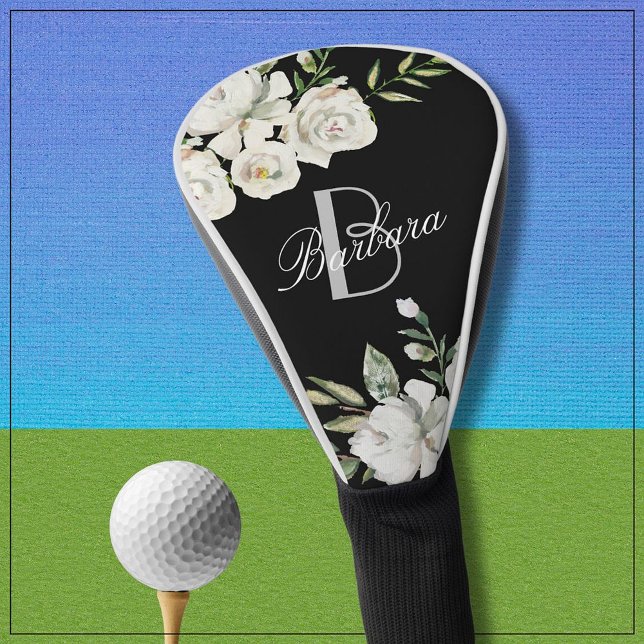 Eleganter Name für Schwarz-Weiß-Blütenmonogramm Golf Headcover (Von Creator hochgeladen)
