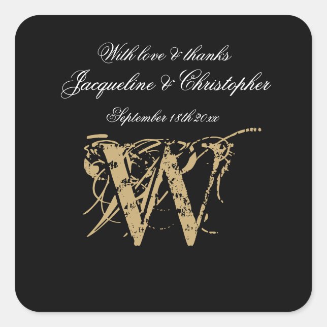 Eleganter Name für Schwarz-weiße Monogramm-Skripte Quadratischer Aufkleber (Vorderseite)