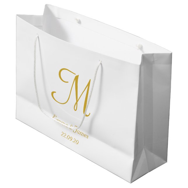 Eleganter Name für White & Gold Monogram, Personal Große Geschenktüte (Vorderseite Schrägansicht)