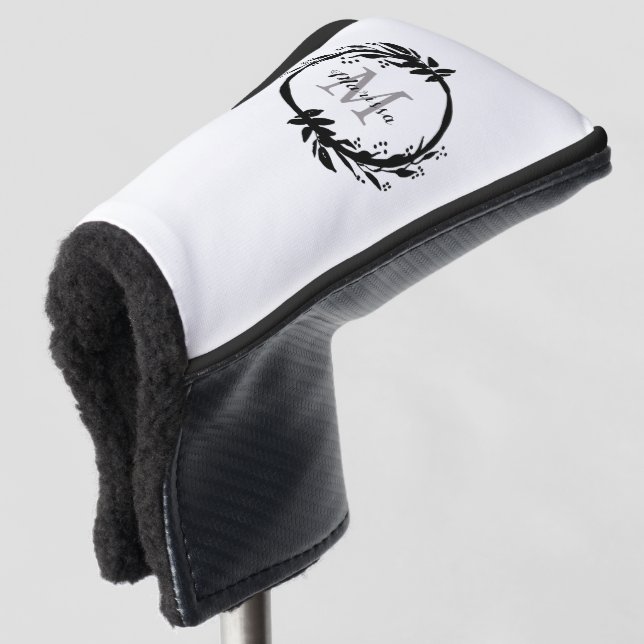 Eleganter Name in der Schwarzen/Weißen Monogramm Golf Headcover (3/4 Vorderseite)