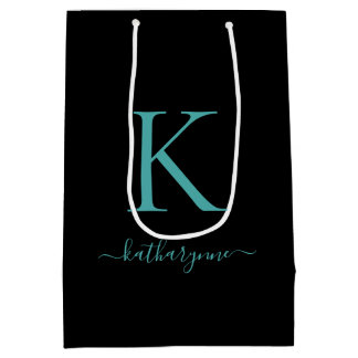 Eleganter Name in Schwarz und Aquamarin Mittlere Geschenktüte