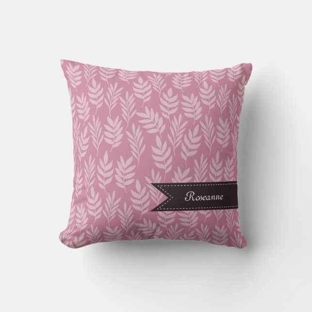 Eleganter Name mit schicken rosa Blätter Muster Kissen (Vorderseite)