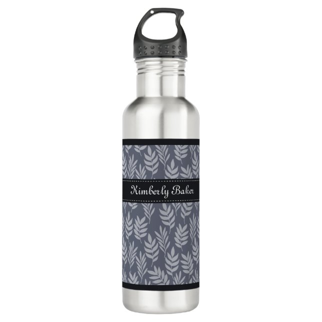 Eleganter Name Modernes Schiefergraues Blätter Mus Trinkflasche (Vorderseite)