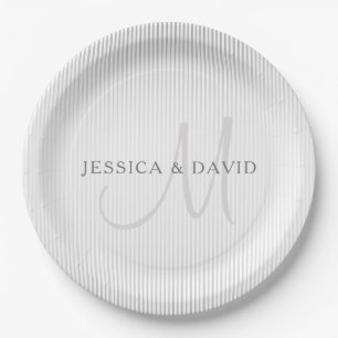 Eleganter Name Monogram & Dünne graue Streifen Pappteller