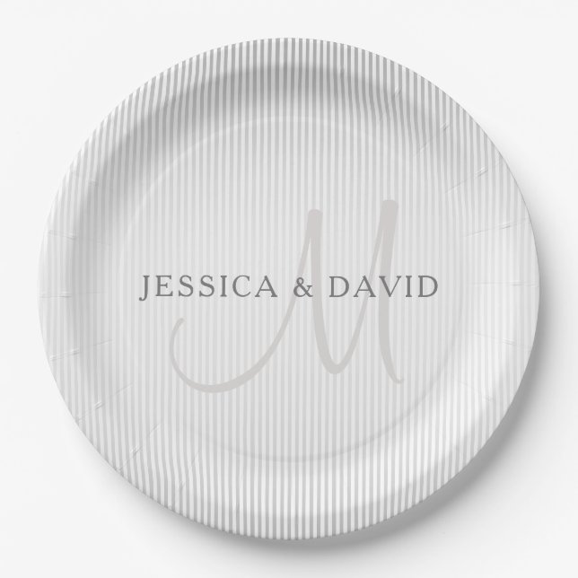 Eleganter Name Monogram & Dünne graue Streifen Pappteller (Vorderseite)