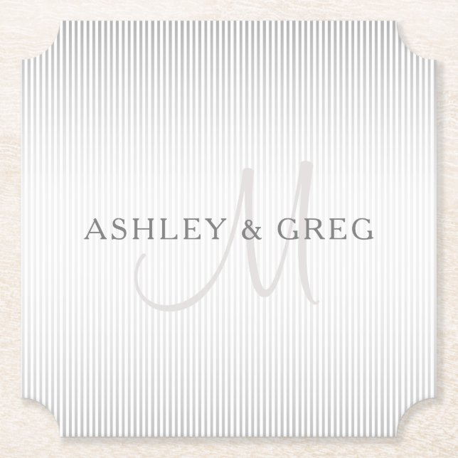 Eleganter Name Monogram & Dünne graue Streifen Untersetzer (Vorderseite)